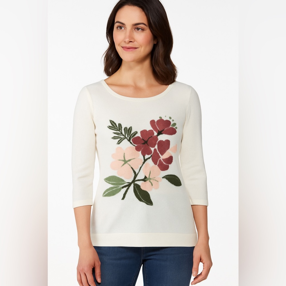LOFT Women's Cream Floral Print Long Sleeve Sweater Size Large